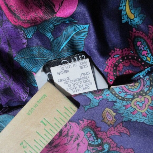 Vintage 80s California Miss Paisley Print Lingerie Dress Sz M Teal Purple Satin - Picture 6 of 13